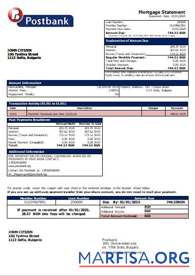 Realistic Bulgaria Postbank bank mortgage statement scr real example